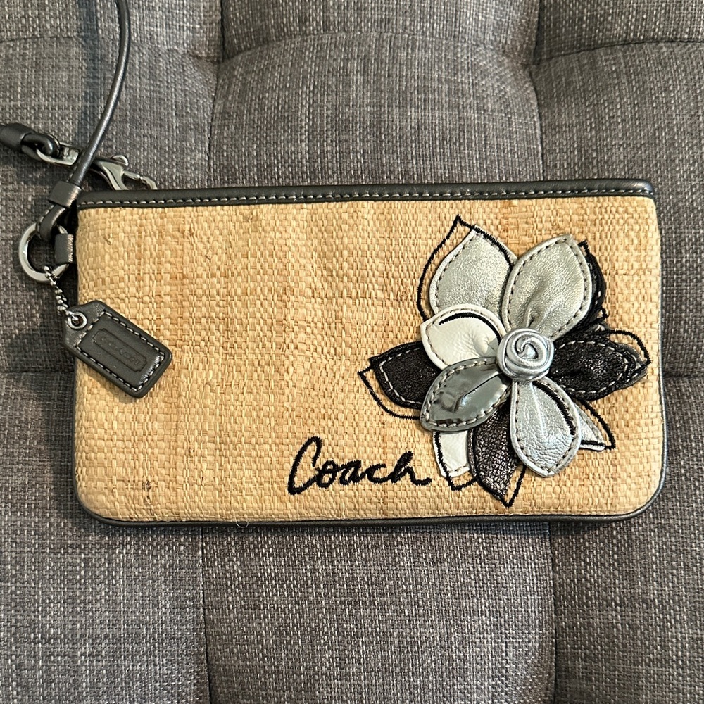 Coach Beige Wristlet with Silver and Gray Floral Accent